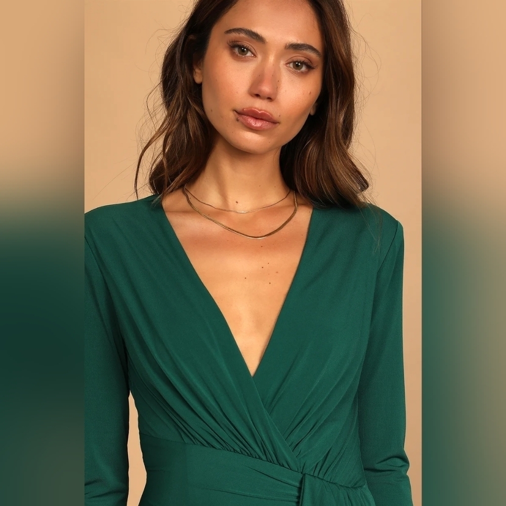 Lulus Marlay Emerald Green Ruched Long Sleeve Bodycon Dress XS Wedding Party - Picture 4 of 10